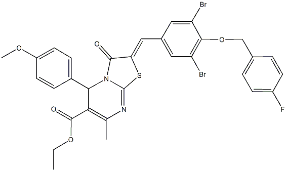 ethyl 2-{3,5-dibromo-4-[(4-fluorobenzyl)oxy]benzylidene}-5-(4-methoxyphenyl)-7-methyl-3-oxo-2,3-dihydro-5H-[1,3]thiazolo[3,2-a]pyrimidine-6-carboxylate Struktur