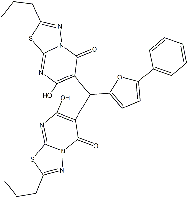 7-hydroxy-6-[(7-hydroxy-5-oxo-2-propyl-5H-[1,3,4]thiadiazolo[3,2-a]pyrimidin-6-yl)(5-phenyl-2-furyl)methyl]-2-propyl-5H-[1,3,4]thiadiazolo[3,2-a]pyrimidin-5-one Struktur