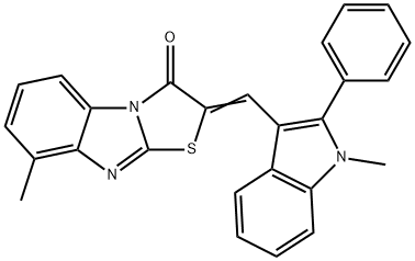 8-methyl-2-[(1-methyl-2-phenyl-1H-indol-3-yl)methylene][1,3]thiazolo[3,2-a]benzimidazol-3(2H)-one Struktur