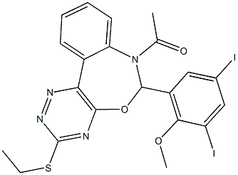 7-acetyl-6-(3,5-diiodo-2-methoxyphenyl)-3-(ethylsulfanyl)-6,7-dihydro[1,2,4]triazino[5,6-d][3,1]benzoxazepine Struktur