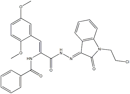 N-[1-({2-[1-(2-chloroethyl)-2-oxo-1,2-dihydro-3H-indol-3-ylidene]hydrazino}carbonyl)-2-(2,5-dimethoxyphenyl)vinyl]benzamide Struktur