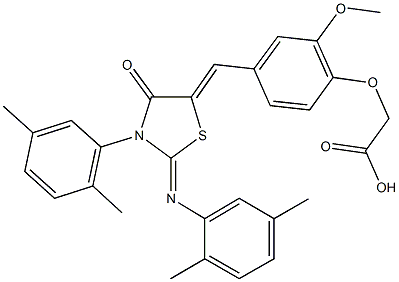 [4-({3-(2,5-dimethylphenyl)-2-[(2,5-dimethylphenyl)imino]-4-oxo-1,3-thiazolidin-5-ylidene}methyl)-2-methoxyphenoxy]acetic acid Struktur