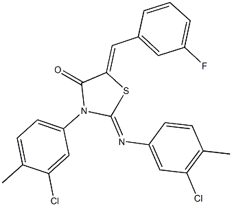 3-(3-chloro-4-methylphenyl)-2-[(3-chloro-4-methylphenyl)imino]-5-(3-fluorobenzylidene)-1,3-thiazolidin-4-one Struktur