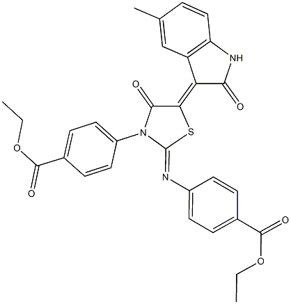 ethyl 4-[2-{[4-(ethoxycarbonyl)phenyl]imino}-5-(5-methyl-2-oxo-1,2-dihydro-3H-indol-3-ylidene)-4-oxo-1,3-thiazolidin-3-yl]benzoate Struktur