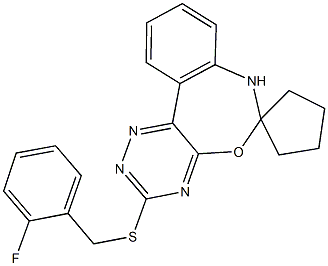 3-[(2-fluorobenzyl)sulfanyl]-6,7-dihydrospiro[{1,2,4}triazino[5,6-d][3,1]benzoxazepine-6,1'-cyclopentane] Struktur