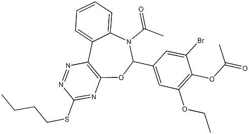 4-[7-acetyl-3-(butylsulfanyl)-6,7-dihydro[1,2,4]triazino[5,6-d][3,1]benzoxazepin-6-yl]-2-bromo-6-ethoxyphenyl acetate Struktur