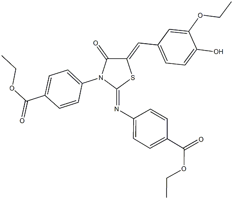 ethyl 4-[2-{[4-(ethoxycarbonyl)phenyl]imino}-5-(3-ethoxy-4-hydroxybenzylidene)-4-oxo-1,3-thiazolidin-3-yl]benzoate Struktur