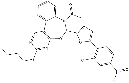 7-acetyl-3-(butylsulfanyl)-6-(5-{2-chloro-4-nitrophenyl}-2-furyl)-6,7-dihydro[1,2,4]triazino[5,6-d][3,1]benzoxazepine Struktur