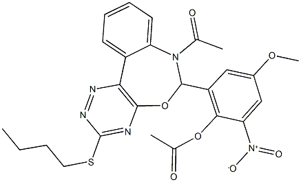 2-[7-acetyl-3-(butylsulfanyl)-6,7-dihydro[1,2,4]triazino[5,6-d][3,1]benzoxazepin-6-yl]-6-nitro-4-methoxyphenyl acetate Struktur