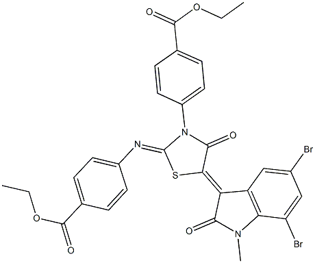 ethyl 4-(5-(5,7-dibromo-1-methyl-2-oxo-1,2-dihydro-3H-indol-3-ylidene)-2-{[4-(ethoxycarbonyl)phenyl]imino}-4-oxo-1,3-thiazolidin-3-yl)benzoate Struktur