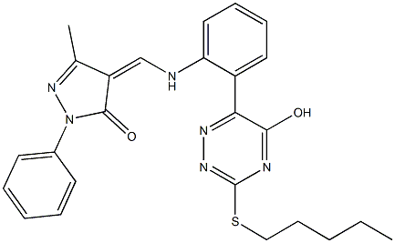 4-({2-[5-hydroxy-3-(pentylsulfanyl)-1,2,4-triazin-6-yl]anilino}methylene)-5-methyl-2-phenyl-2,4-dihydro-3H-pyrazol-3-one Struktur