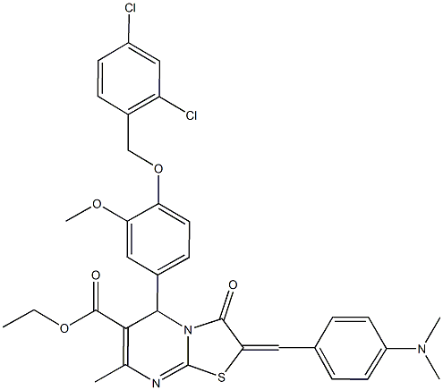 ethyl 5-{4-[(2,4-dichlorobenzyl)oxy]-3-methoxyphenyl}-2-[4-(dimethylamino)benzylidene]-7-methyl-3-oxo-2,3-dihydro-5H-[1,3]thiazolo[3,2-a]pyrimidine-6-carboxylate Struktur