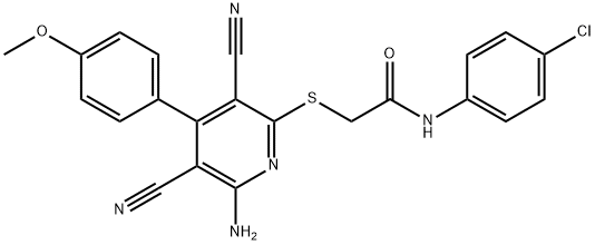 2-{[6-amino-3,5-dicyano-4-(4-methoxyphenyl)-2-pyridinyl]sulfanyl}-N-(4-chlorophenyl)acetamide Struktur