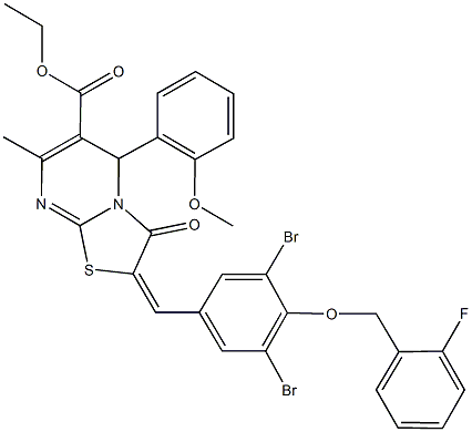 ethyl 2-{3,5-dibromo-4-[(2-fluorobenzyl)oxy]benzylidene}-5-(2-methoxyphenyl)-7-methyl-3-oxo-2,3-dihydro-5H-[1,3]thiazolo[3,2-a]pyrimidine-6-carboxylate Struktur