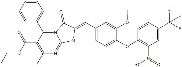 ethyl 2-{4-[2-nitro-4-(trifluoromethyl)phenoxy]-3-methoxybenzylidene}-7-methyl-3-oxo-5-phenyl-2,3-dihydro-5H-[1,3]thiazolo[3,2-a]pyrimidine-6-carboxylate Struktur