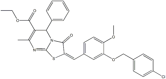 ethyl 2-{3-[(4-chlorobenzyl)oxy]-4-methoxybenzylidene}-7-methyl-3-oxo-5-phenyl-2,3-dihydro-5H-[1,3]thiazolo[3,2-a]pyrimidine-6-carboxylate Struktur