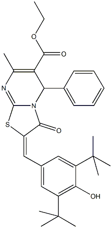 ethyl 2-(3,5-ditert-butyl-4-hydroxybenzylidene)-7-methyl-3-oxo-5-phenyl-2,3-dihydro-5H-[1,3]thiazolo[3,2-a]pyrimidine-6-carboxylate Struktur