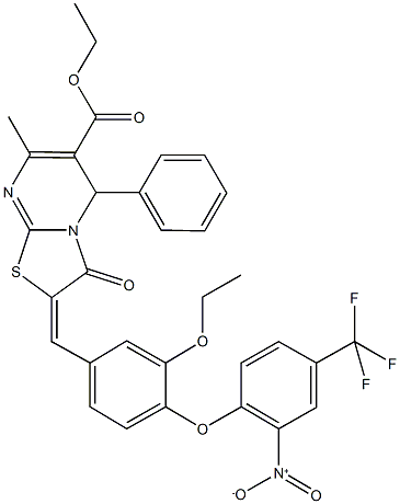 ethyl 2-{3-ethoxy-4-[2-nitro-4-(trifluoromethyl)phenoxy]benzylidene}-7-methyl-3-oxo-5-phenyl-2,3-dihydro-5H-[1,3]thiazolo[3,2-a]pyrimidine-6-carboxylate Struktur