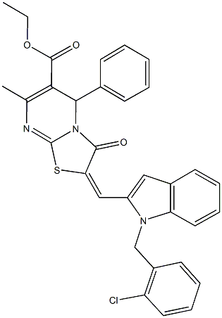 ethyl 2-{[1-(2-chlorobenzyl)-1H-indol-2-yl]methylene}-7-methyl-3-oxo-5-phenyl-2,3-dihydro-5H-[1,3]thiazolo[3,2-a]pyrimidine-6-carboxylate Struktur