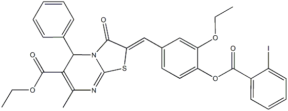 ethyl 2-{3-ethoxy-4-[(2-iodobenzoyl)oxy]benzylidene}-7-methyl-3-oxo-5-phenyl-2,3-dihydro-5H-[1,3]thiazolo[3,2-a]pyrimidine-6-carboxylate Struktur