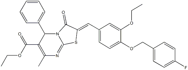 ethyl 2-{3-ethoxy-4-[(4-fluorobenzyl)oxy]benzylidene}-7-methyl-3-oxo-5-phenyl-2,3-dihydro-5H-[1,3]thiazolo[3,2-a]pyrimidine-6-carboxylate Struktur