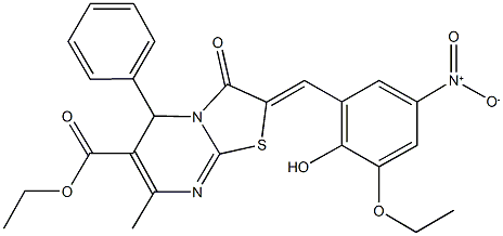 ethyl 2-{3-ethoxy-2-hydroxy-5-nitrobenzylidene}-7-methyl-3-oxo-5-phenyl-2,3-dihydro-5H-[1,3]thiazolo[3,2-a]pyrimidine-6-carboxylate Struktur