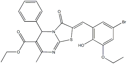 ethyl 2-(5-bromo-3-ethoxy-2-hydroxybenzylidene)-7-methyl-3-oxo-5-phenyl-2,3-dihydro-5H-[1,3]thiazolo[3,2-a]pyrimidine-6-carboxylate Struktur