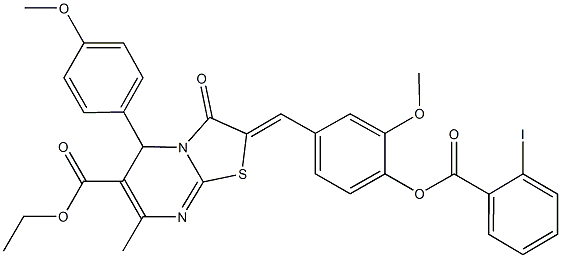 ethyl 2-{4-[(2-iodobenzoyl)oxy]-3-methoxybenzylidene}-5-(4-methoxyphenyl)-7-methyl-3-oxo-2,3-dihydro-5H-[1,3]thiazolo[3,2-a]pyrimidine-6-carboxylate Struktur