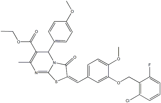 ethyl 2-{3-[(2-chloro-6-fluorobenzyl)oxy]-4-methoxybenzylidene}-5-(4-methoxyphenyl)-7-methyl-3-oxo-2,3-dihydro-5H-[1,3]thiazolo[3,2-a]pyrimidine-6-carboxylate Struktur