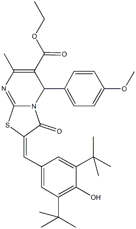 ethyl 2-(3,5-ditert-butyl-4-hydroxybenzylidene)-5-(4-methoxyphenyl)-7-methyl-3-oxo-2,3-dihydro-5H-[1,3]thiazolo[3,2-a]pyrimidine-6-carboxylate Struktur