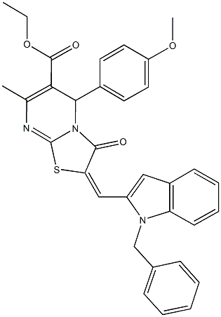 ethyl 2-[(1-benzyl-1H-indol-2-yl)methylene]-5-(4-methoxyphenyl)-7-methyl-3-oxo-2,3-dihydro-5H-[1,3]thiazolo[3,2-a]pyrimidine-6-carboxylate Struktur