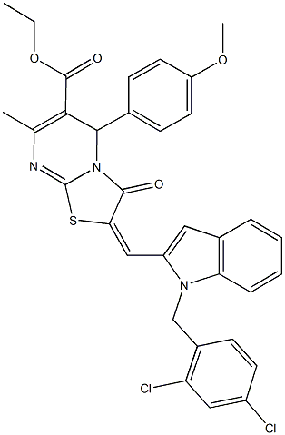 ethyl 2-{[1-(2,4-dichlorobenzyl)-1H-indol-2-yl]methylene}-5-(4-methoxyphenyl)-7-methyl-3-oxo-2,3-dihydro-5H-[1,3]thiazolo[3,2-a]pyrimidine-6-carboxylate Struktur