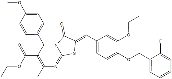 ethyl 2-{3-ethoxy-4-[(2-fluorobenzyl)oxy]benzylidene}-5-(4-methoxyphenyl)-7-methyl-3-oxo-2,3-dihydro-5H-[1,3]thiazolo[3,2-a]pyrimidine-6-carboxylate Struktur