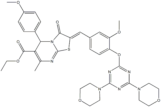 ethyl 2-(4-{[4,6-di(4-morpholinyl)-1,3,5-triazin-2-yl]oxy}-3-methoxybenzylidene)-5-(4-methoxyphenyl)-7-methyl-3-oxo-2,3-dihydro-5H-[1,3]thiazolo[3,2-a]pyrimidine-6-carboxylate Struktur