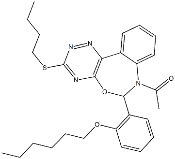 2-[7-acetyl-3-(butylsulfanyl)-6,7-dihydro[1,2,4]triazino[5,6-d][3,1]benzoxazepin-6-yl]phenyl hexyl ether Struktur