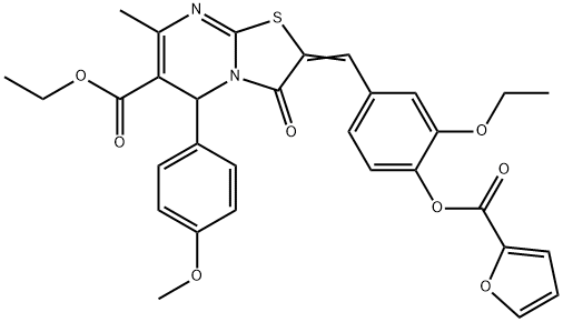 ethyl 2-[3-ethoxy-4-(2-furoyloxy)benzylidene]-5-(4-methoxyphenyl)-7-methyl-3-oxo-2,3-dihydro-5H-[1,3]thiazolo[3,2-a]pyrimidine-6-carboxylate Struktur