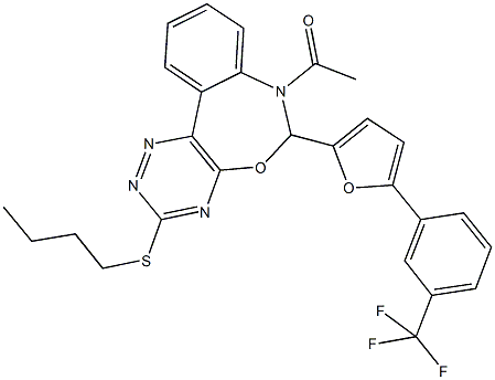 7-acetyl-3-(butylsulfanyl)-6-{5-[3-(trifluoromethyl)phenyl]-2-furyl}-6,7-dihydro[1,2,4]triazino[5,6-d][3,1]benzoxazepine Struktur