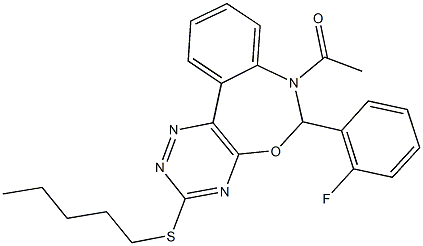 7-acetyl-6-(2-fluorophenyl)-6,7-dihydro[1,2,4]triazino[5,6-d][3,1]benzoxazepin-3-yl pentyl sulfide Struktur