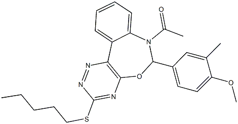 7-acetyl-6-(4-methoxy-3-methylphenyl)-3-(pentylsulfanyl)-6,7-dihydro[1,2,4]triazino[5,6-d][3,1]benzoxazepine Struktur