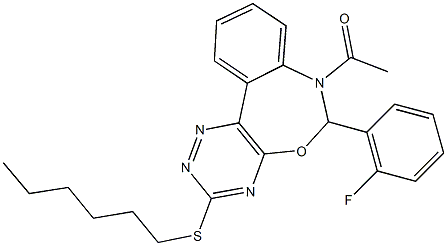 7-acetyl-6-(2-fluorophenyl)-6,7-dihydro[1,2,4]triazino[5,6-d][3,1]benzoxazepin-3-yl hexyl sulfide Struktur