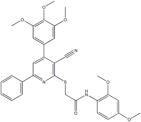 2-{[3-cyano-6-phenyl-4-(3,4,5-trimethoxyphenyl)-2-pyridinyl]sulfanyl}-N-(2,4-dimethoxyphenyl)acetamide Struktur