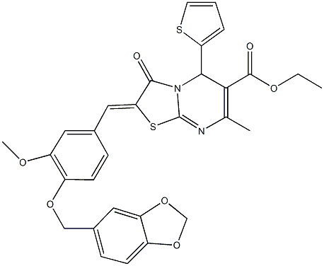 ethyl 2-[4-(1,3-benzodioxol-5-ylmethoxy)-3-methoxybenzylidene]-7-methyl-3-oxo-5-(2-thienyl)-2,3-dihydro-5H-[1,3]thiazolo[3,2-a]pyrimidine-6-carboxylate Struktur