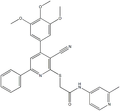 2-{[3-cyano-6-phenyl-4-(3,4,5-trimethoxyphenyl)-2-pyridinyl]sulfanyl}-N-(2-methyl-4-pyridinyl)acetamide Struktur