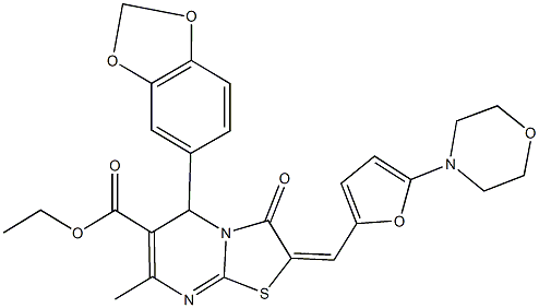 ethyl 5-(1,3-benzodioxol-5-yl)-7-methyl-2-{[5-(4-morpholinyl)-2-furyl]methylene}-3-oxo-2,3-dihydro-5H-[1,3]thiazolo[3,2-a]pyrimidine-6-carboxylate Struktur