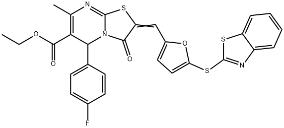 ethyl 2-{[5-(1,3-benzothiazol-2-ylsulfanyl)-2-furyl]methylene}-5-(4-fluorophenyl)-7-methyl-3-oxo-2,3-dihydro-5H-[1,3]thiazolo[3,2-a]pyrimidine-6-carboxylate Struktur