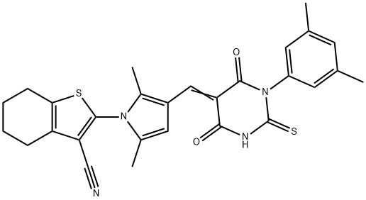 2-{3-[(1-(3,5-dimethylphenyl)-4,6-dioxo-2-thioxotetrahydro-5(2H)-pyrimidinylidene)methyl]-2,5-dimethyl-1H-pyrrol-1-yl}-4,5,6,7-tetrahydro-1-benzothiophene-3-carbonitrile Struktur