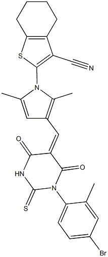 2-{3-[(1-(4-bromo-2-methylphenyl)-4,6-dioxo-2-thioxotetrahydro-5(2H)-pyrimidinylidene)methyl]-2,5-dimethyl-1H-pyrrol-1-yl}-4,5,6,7-tetrahydro-1-benzothiophene-3-carbonitrile Struktur