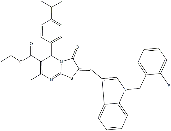 ethyl 2-{[1-(2-fluorobenzyl)-1H-indol-3-yl]methylene}-5-(4-isopropylphenyl)-7-methyl-3-oxo-2,3-dihydro-5H-[1,3]thiazolo[3,2-a]pyrimidine-6-carboxylate Struktur