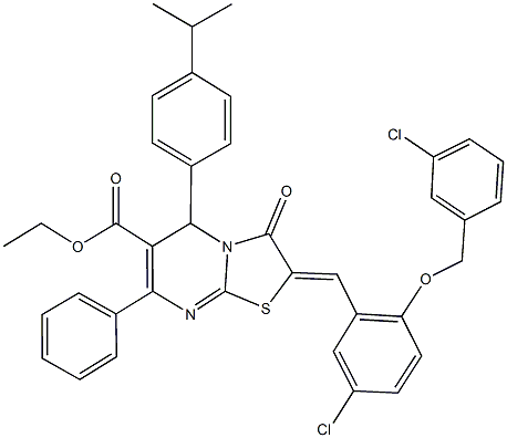 ethyl 2-{5-chloro-2-[(3-chlorobenzyl)oxy]benzylidene}-5-(4-isopropylphenyl)-3-oxo-7-phenyl-2,3-dihydro-5H-[1,3]thiazolo[3,2-a]pyrimidine-6-carboxylate Struktur