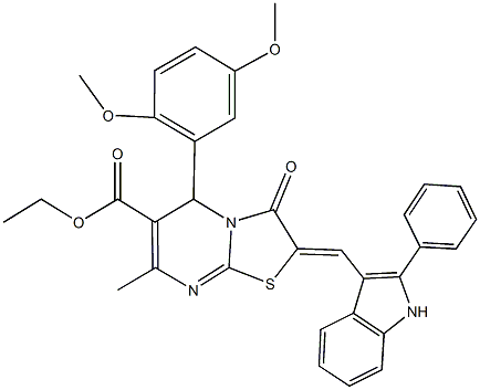 ethyl 5-(2,5-dimethoxyphenyl)-7-methyl-3-oxo-2-[(2-phenyl-1H-indol-3-yl)methylene]-2,3-dihydro-5H-[1,3]thiazolo[3,2-a]pyrimidine-6-carboxylate Struktur